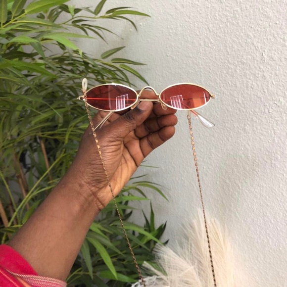 RARE 90s Vintage Retro Red Gold oval round sunglasses with chain-Unisex #hipster main image 6